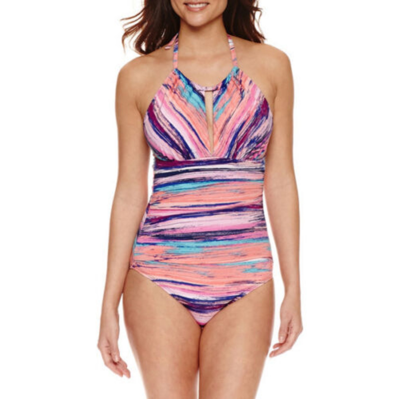 Liz Claiborne Multi Colored Striped One Piece Swimsuit Size 14